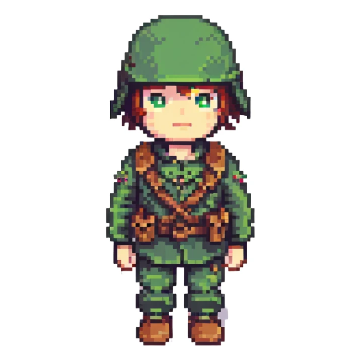 pixel art soldier, green uniform, helmet, simple style, retro video game character sticker