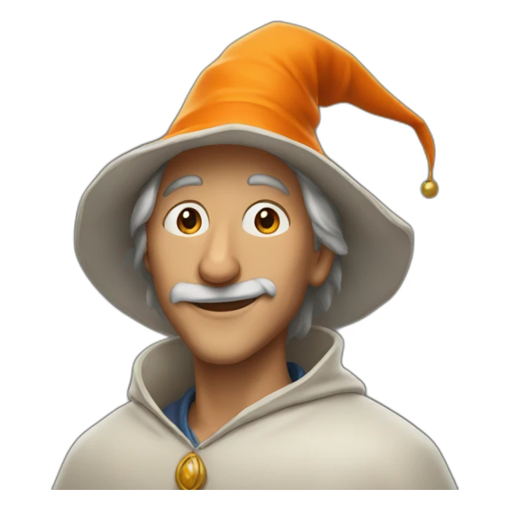 portrait of a wizard smiling, Merlin style, with an orange hat sticker