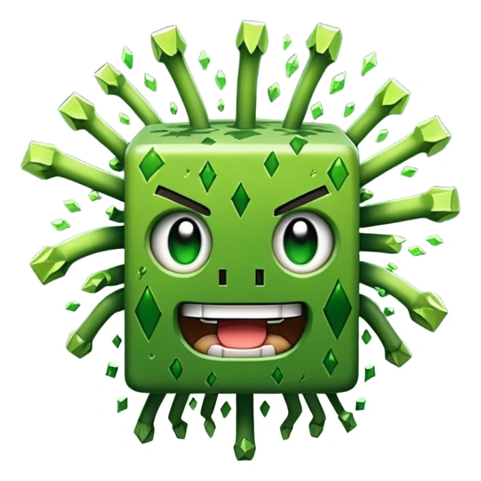 A green pixelated creeper from Minecraft, with a menacing grin and explosive particles around it, in a simple emoji style. sticker
