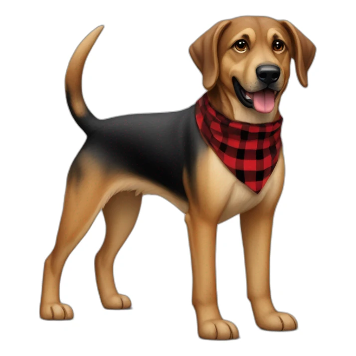 adult 75% Coonhound 25% German Shepherd mix dog with visible tail wearing small pointed red buffalo plaid bandana full body walking left quickly sticker