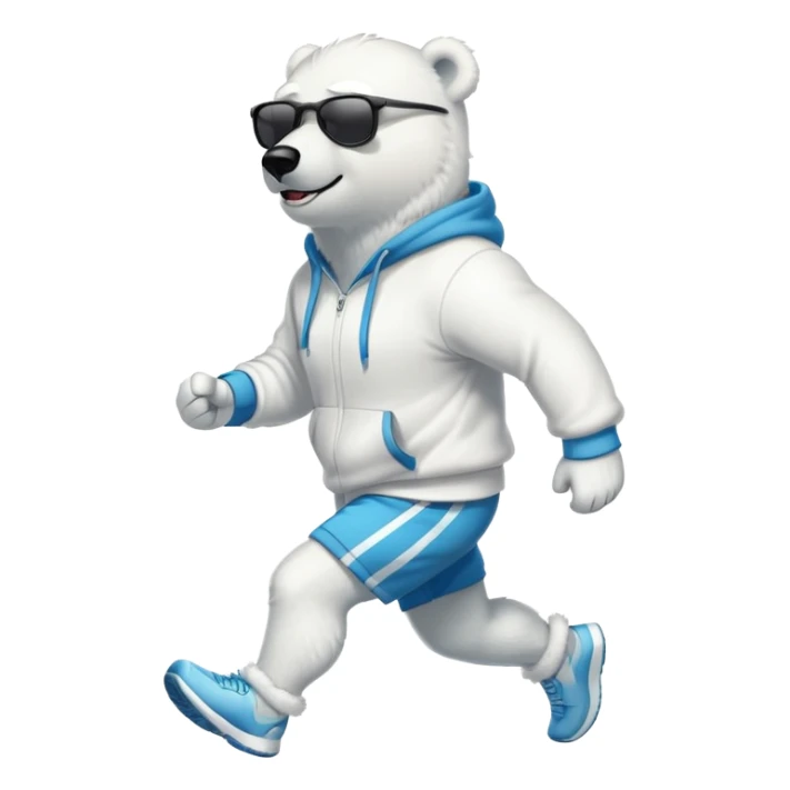 friendly anthropomorphised polar bear jogging upright wearing a hoodie and shorts, dark sunglasses sticker