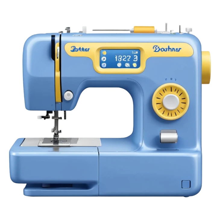 Modern Brother-style computerized sewing machine emoji, white and this yellow #FFB31E and light gray with a blue thread spool, small LCD screen and round dial, three-quarter view, soft gradients and shadows in Apple emoji style, plain light background. sticker