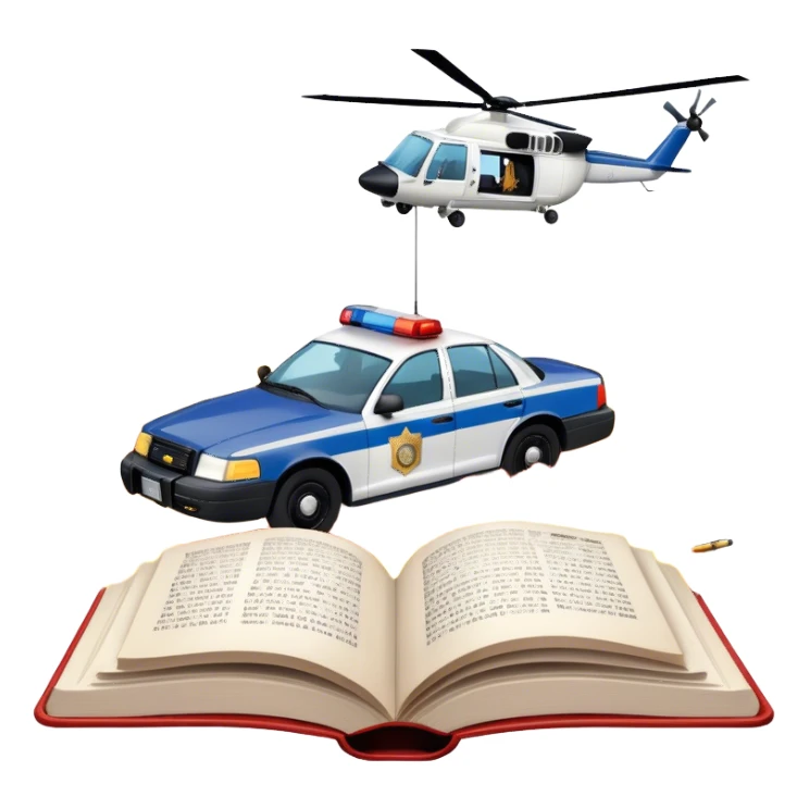 Icon for Action & Crime Reading: an open book with text, from which a police car is driving out along the pages, with explosions behind, a helicopter flying overhead, and a pistol with ammo and grenades in front. Transparent background. sticker