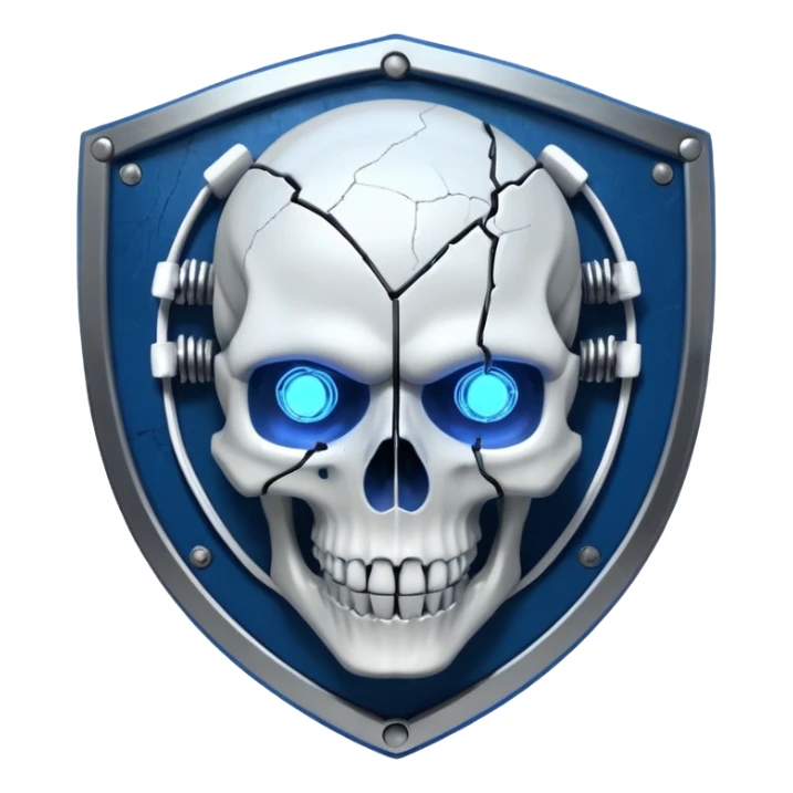 Cyberpunk shield, skull with cybernetic implants, glowing wires, dark electric blue and white tones, no background sticker