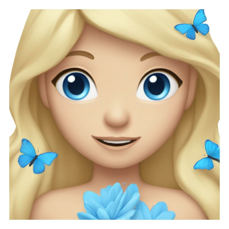 Face with blonde hair blue eyes butterflies and holding a blue heart sticker