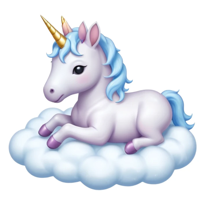A Baby unicorn, with a sparkling horn, asleep on a white, pale blue flurry cloud, isolated sticker