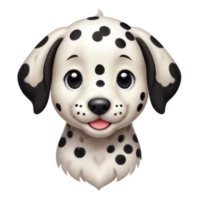 Cinematic Cute Spotted Dalmatian Portrait Emoji, Head tilted playfully and inquisitively, featuring a glossy Fur of predominantly white with dynamic black patches, round, sparkling eyes filled with gentle curiosity, Simplified yet irresistibly adorable features, highly detailed, glowing with a warm, friendly glow, high shine, affectionate and gentle, stylized with a touch of whimsy, bright and endearing, soft glowing outline, capturing the essence of a mischievous yet loving pup, so playful it feels like it could lumber out of the screen and into your arms! sticker
