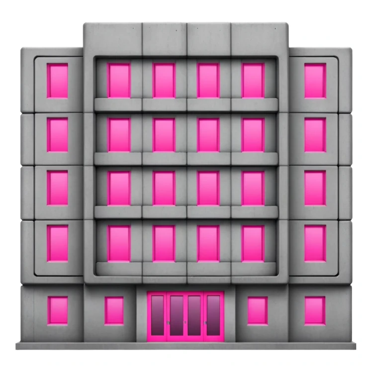 brutalist gray concrete block building with two neon pink windows and many normal windows sticker