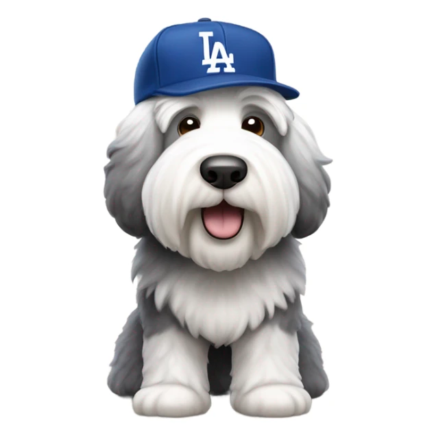 Old English Sheepdog full height wearing a dodgers hat sticker