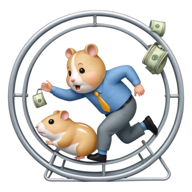 Create an emoji of a tired, overworked entrepreneur running on a hamster wheel, chasing a floating dollar sign or a bag of money. The character has dark circles under their eyes, looks exhausted, and appears stuck in an endless cycle. The hamster wheel represents constant struggle, while the money is always just out of reach. The style should be clean and easily recognizable as an emoji

 sticker