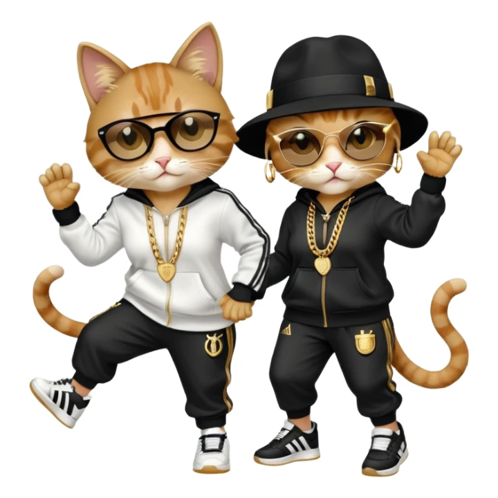 female cat dressed like Run DMC in tracksuit, fedora, Adidas shoes, lots of gold chains, rings, bracelets, earrings, dancing with a friend, no sunglasses sticker