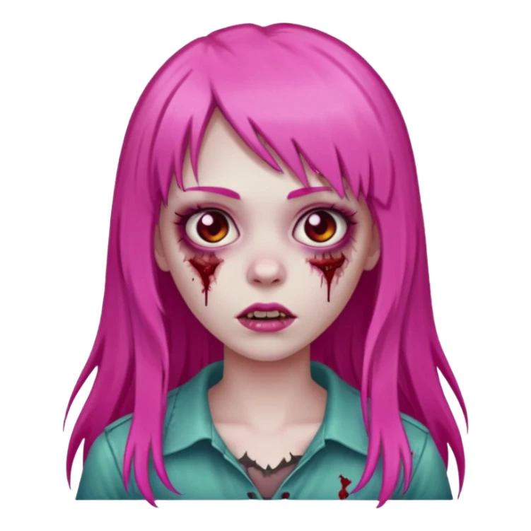 Create a female zombie emoji with long, straight hair in hot pink and bangs. sticker