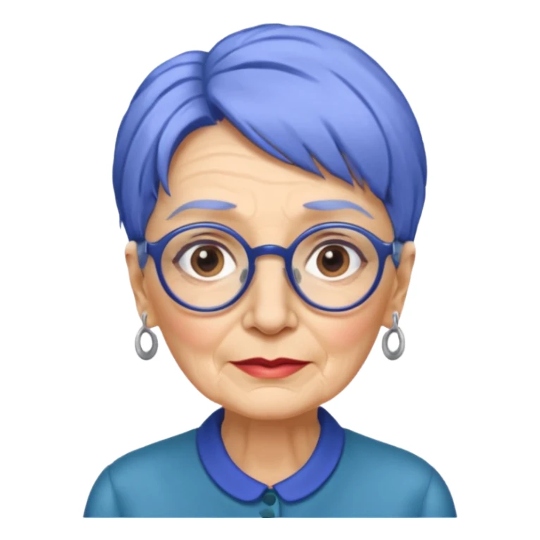 old lady with cobalt hair, wearing glasses, long face sticker