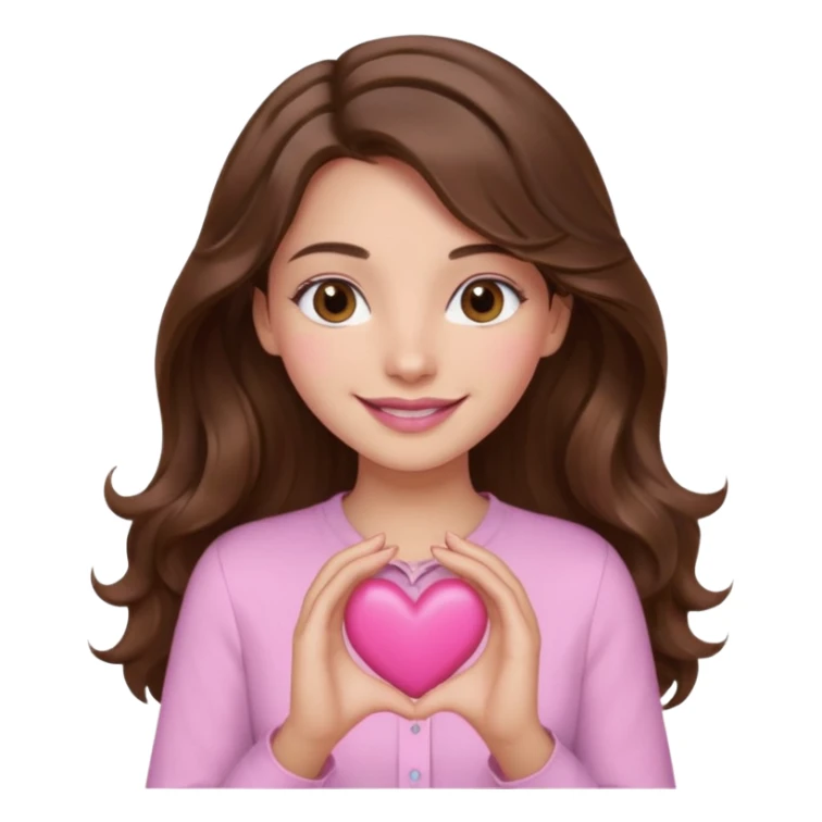 girl with wavy long brown hair, brown eyes, light to medium complexion, long lashes, light pink lipstick, wearing light pink shirt, smiling, hands holding a pink heart sticker