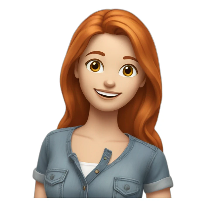 redhead white woman with medium long straight hair, greets smiling, wearing jeans and romantic blouse sticker