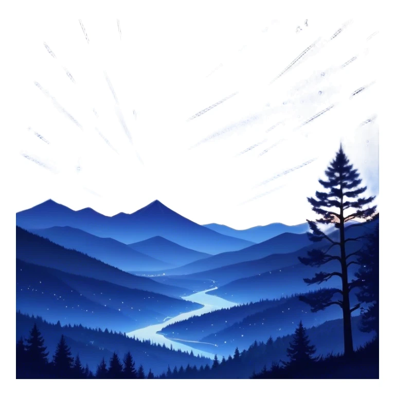 A mesmerizing night sky filled with falling stars, streaking across the dark expanse in bright trails of light. The sky is deep indigo, dotted with distant stars, while the shooting stars create a sense of magic and wonder. The landscape below is tranquil, with silhouettes of trees and mountains, adding to the peaceful, celestial atmosphere. Some of the falling stars are bright and large, while others are smaller, creating a dynamic, sparkling effect in the night sticker