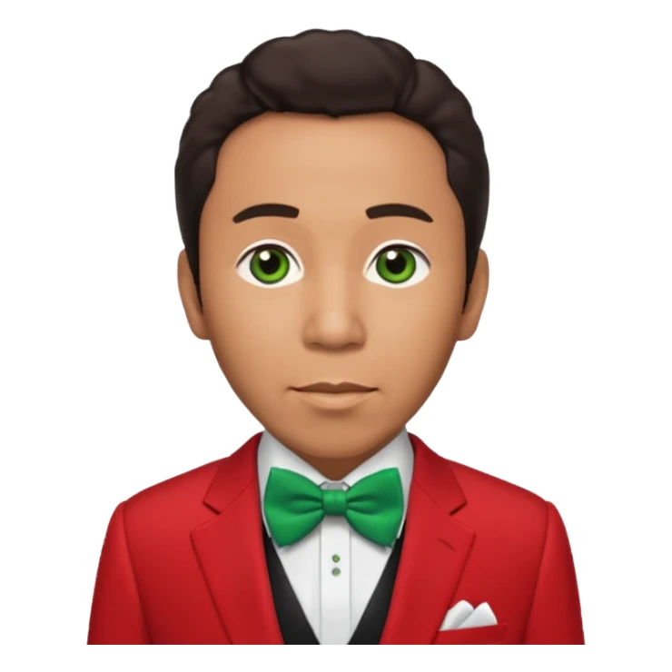 Smokey Robinson with dark brown hair, red suit with bow tie, green eyes sticker