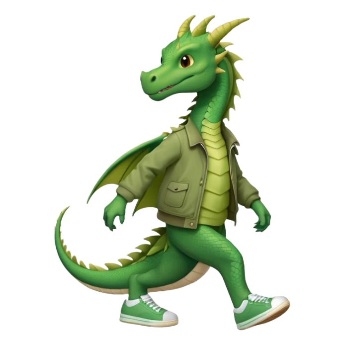 friendly anthropomorphised green dragon in a jacket and sneakers walking upright, relaxed pose sticker