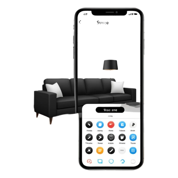 smartphone with interior design style quiz app showing swipe left and right arrows between modern and traditional living room styles sticker