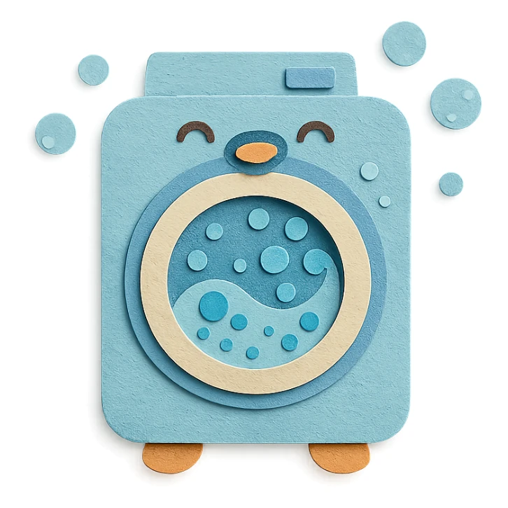 cute penguin-shaped washing machine with soap bubbles spinning around, happy expression, pastel blue, full-body sticker