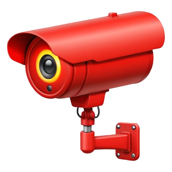 Minimalist emoji-style sticker of a CCTV camera with a glowing red record light, facing forward. Flat icon, grayscale with small red accent.
 sticker