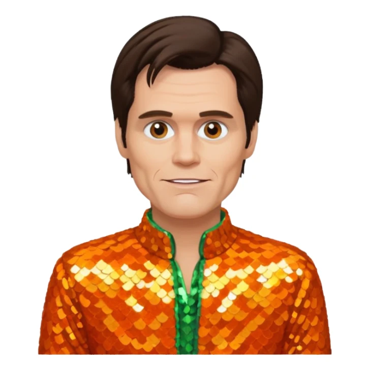 Jim Carrey with dark brown hair, orange sequin outfit sticker