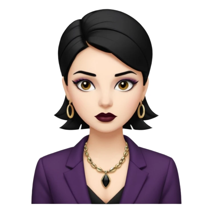 “Emoji girl, sculpted contour, bold dark lipstick, defined brows, sharp eyeliner, sleek black hair updo, statement necklace, black blazer.” sticker