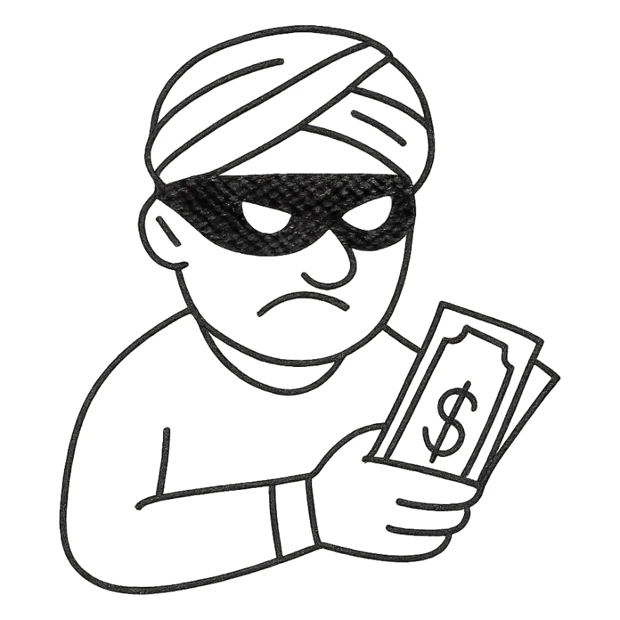 black robber holding cash, wearing a turban sticker