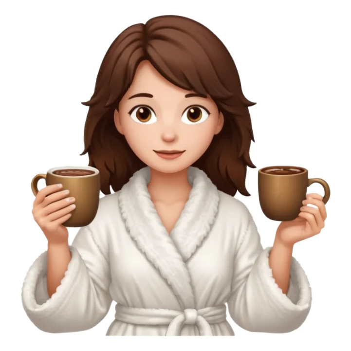 {
      "type": "human",
      "look": "fluffy robe woman, messy hair, holding cup of cocoa",
      "description": "a woman in a fluffy robe with messy hair, holding a cup of cocoa"
    } sticker