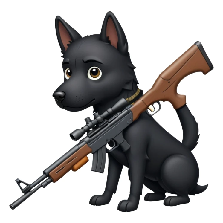 black dog holding a sniper rifle sticker