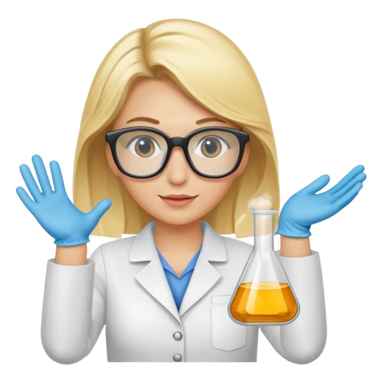 Eine hellblonde Chemikerin mit Kittel, Handschuhen großer Labor-Sicherheitsbrille und typischem Erlmeyerkolben in der Hand sticker