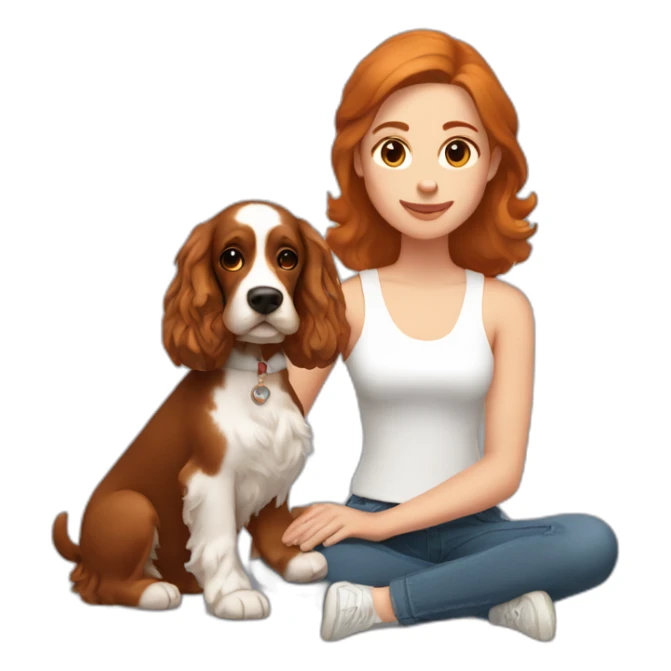 woman with dark brown hair in white singlet with ginger cocker spaniel on her lap sticker