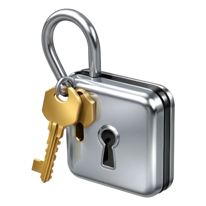 A chrome silver lock and key emoji, smooth metallic surfaces, glossy reflections, luxury swag vibe, minimal iOS emoji style, centered on clean white background sticker