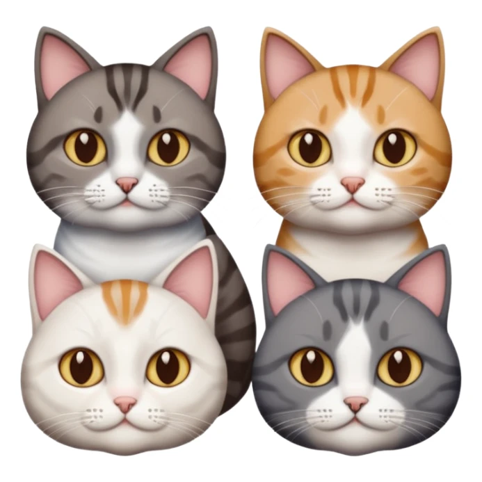 4 different coloured short haired cats including; a dark brown tabby and white cat, and a dark grey and white  sticker