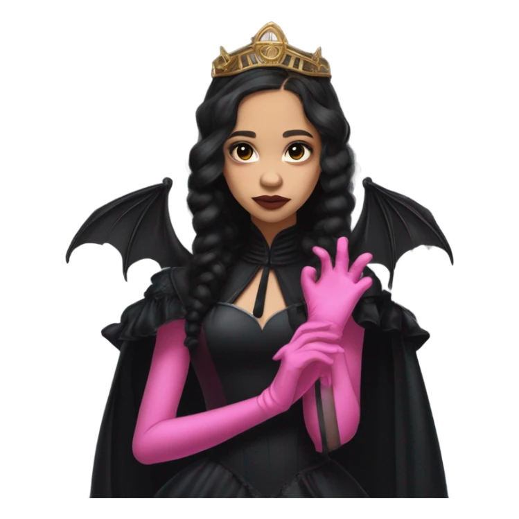 standing flirty Lavish black evening gown with see-through gloves, Jenna Ortega as Addams woman wearing a steampunk mini tiara, very large blood pink evil-looking horned old dragon sticker