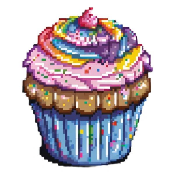 large cupcake with pink frosting covered in rainbow sprinkles in pixel art style sticker