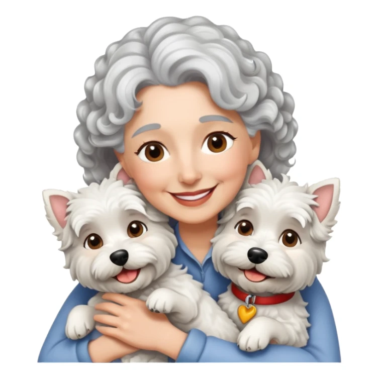 Single silver-haired with curly hair 60-ish lady smiling and hugging single westie dog sticker