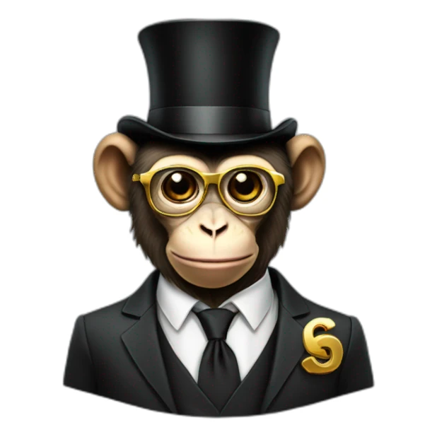 a monkey wearing a suit with a top hat with a gold chain and dollar sign glasses sticker