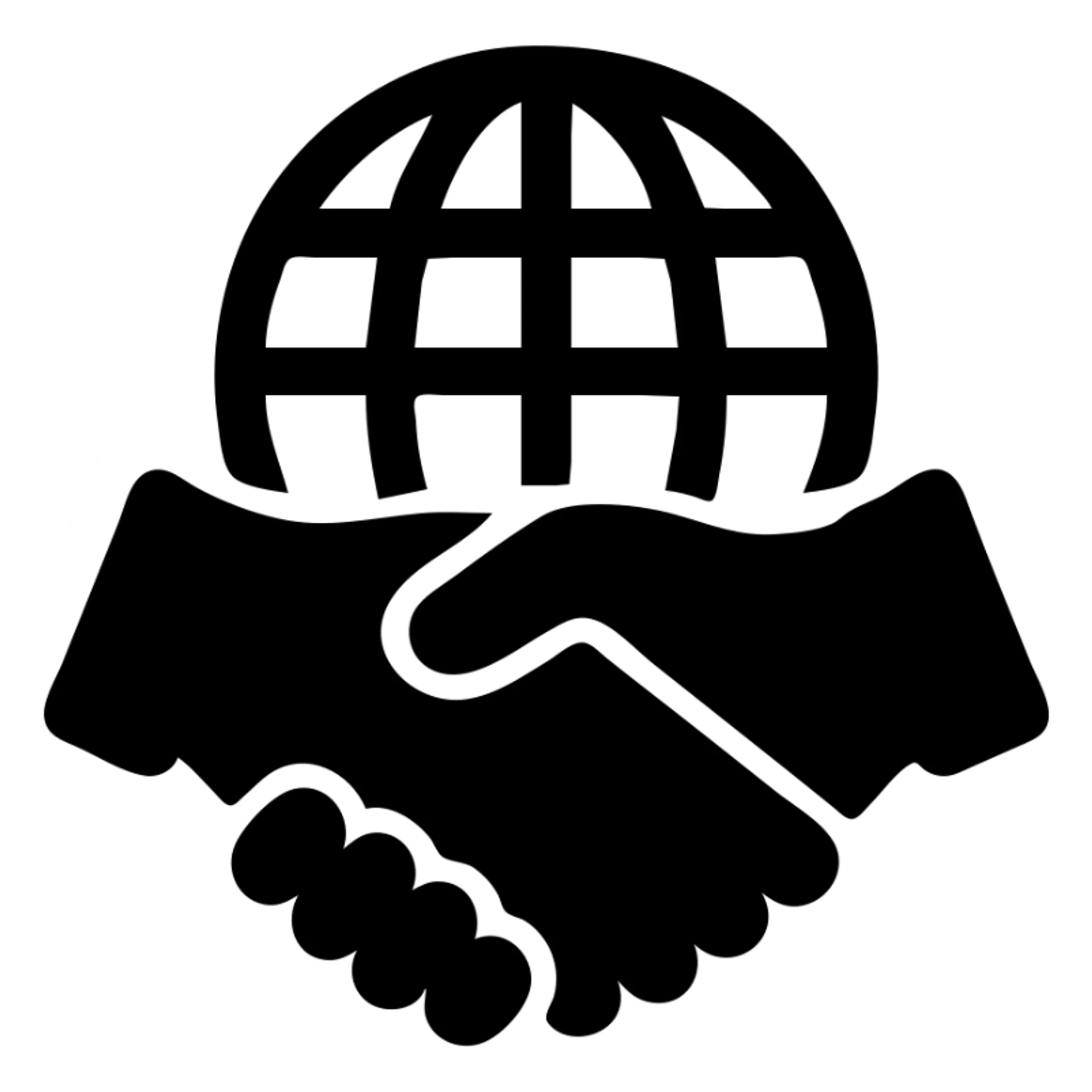 International partners icon, handshake in front of a globe, black filled style, variation 8 sticker