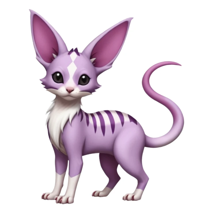 Furry, Purple, white, black, Minccino-Sphynx-Lykoi-Linoone-Zangoose-fusion-hybrid-animal-Fakémon-creature, full body, thin long sleek scaly tail, intricate markings sticker