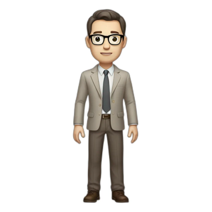 Full height Gesticulating Pale skinned fit man with dark brown hair in gray jacket, beige office shirt, brown tie, brown pants and vintage glasses. sticker