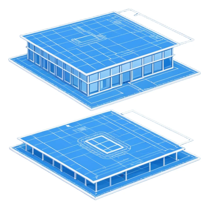blue blueprint plan with white lines, perspective view showing both side and top sticker