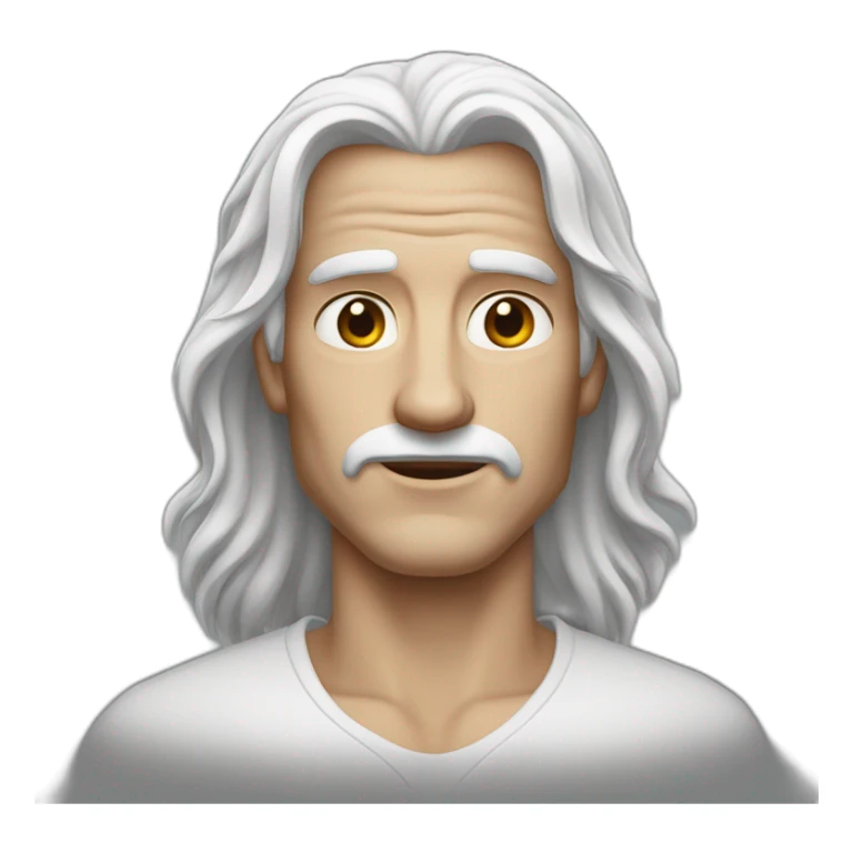 A tall man with long white hair, broad shoulders, dressed in white, has a scar on his right eye, right eye is completely white, left eye is dark brown. sticker