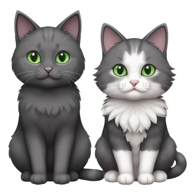 one dark grey and white cat and one completely solid dark grey cat with green eyes and only white paws sticker