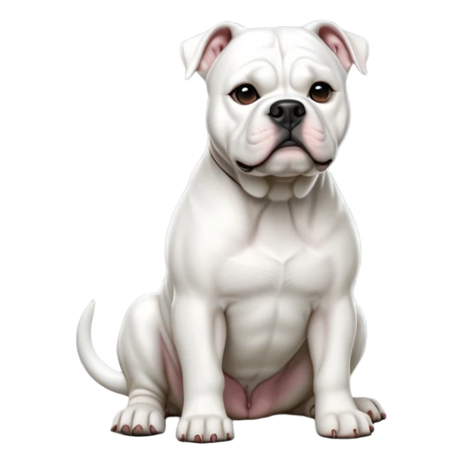 cinematic-[solid white american bulldog]-realistic-full-body-sitting-emoji,-tail-resting-loosely-beside-its-paws,-head-tilted-dramatically,-sleek-[solid white]-fur,-simplified-yet-realistic-focused-features,-highly-detailed,-glowing-with-an-almost-sarcastic-glow sticker