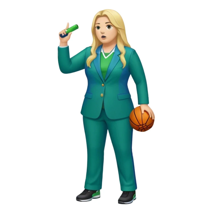Full Body white plus size female basketball head coach using a whistle with long blonde hair in a blue and green suit sticker