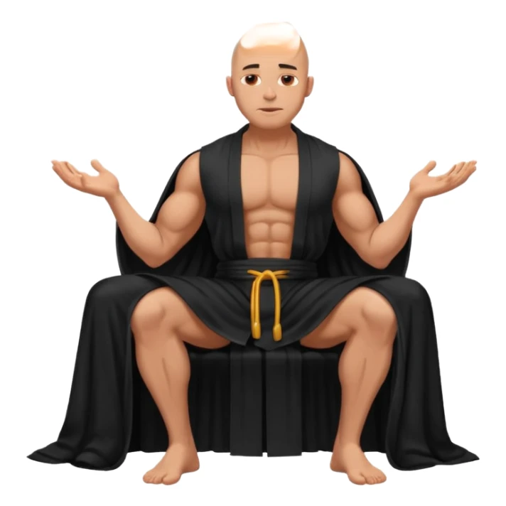 fullbody jacked bald guy, sleeveless and unbuttoned in black robe sitting sticker