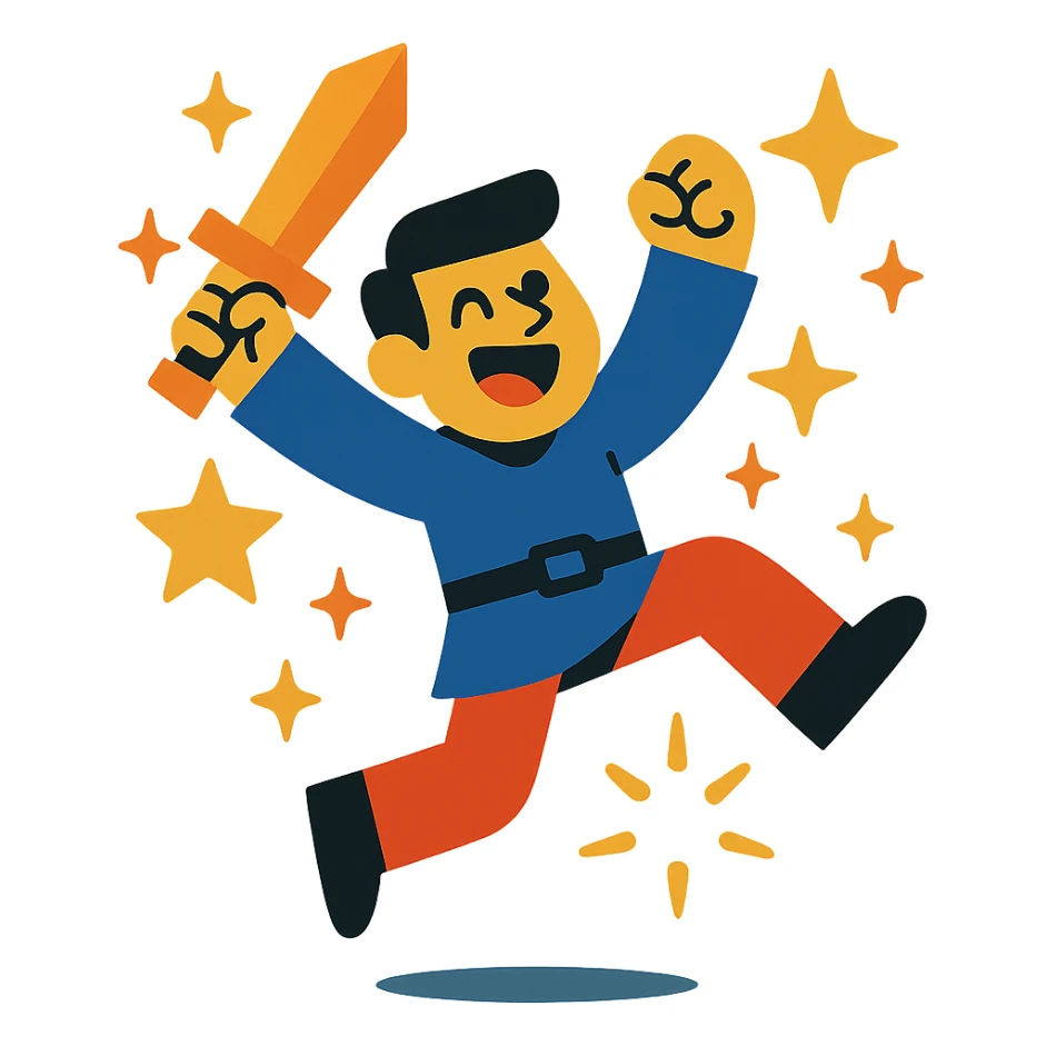 a cartoon figure jumping with joy after winning a battle, stars and sparkles around sticker