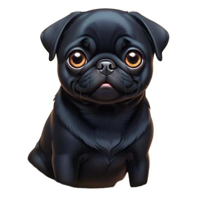 Cinematic Cute Black Pug Portrait Emoji, Head tilted playfully and inquisitively, featuring a glossy black coat with a smooth finish, round, sparkling dark eyes filled with curiosity, Simplified yet irresistibly adorable features, highly detailed, glowing with a warm, friendly glow, high shine, affectionate and lively, stylized with a touch of whimsy, bright and endearing, soft glowing outline, capturing the essence of a mischievous yet loving pup, so playful it feels like it could bounce out of the screen and into your arms! sticker