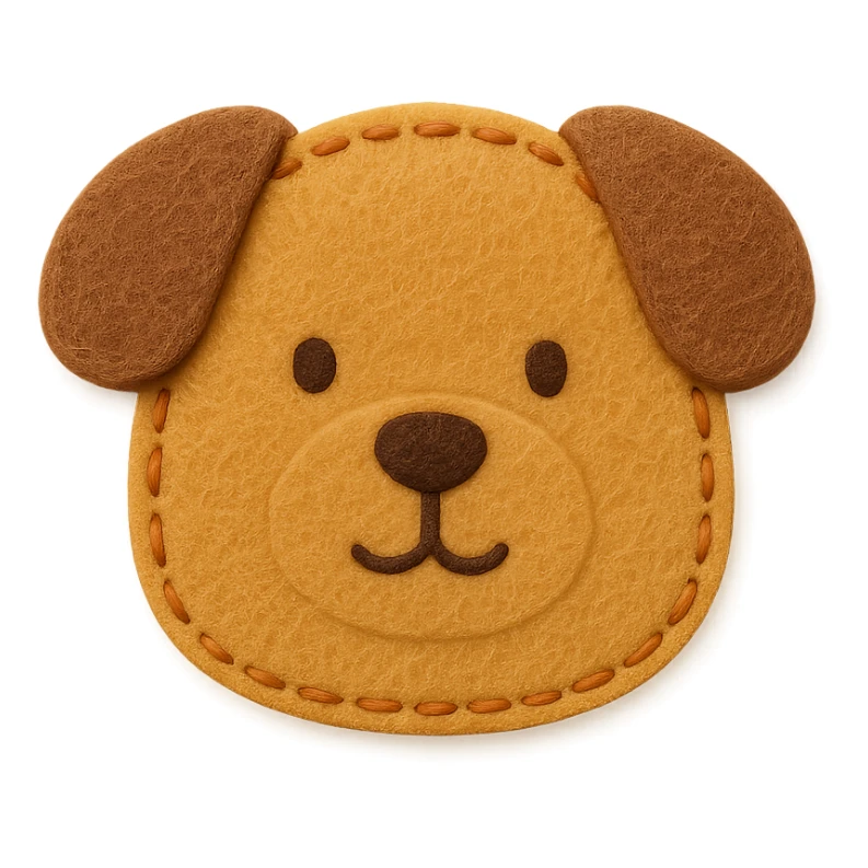 <StylePrompt>
  <Name>Minimal Felt Appliqué Icon</Name>
  <Description>
    A soft, handcrafted felt icon style with lightly padded forms, simple shapes, and clean outlines. Features slightly more visible stitching for tactile charm while maintaining a low-detail aesthetic.
  </Description>
  <VisualProperties>
    <Material>Felt</Material>
    <Texture>Soft, matte surface with subtle fiber detail</Texture>
    <Stitching>
      <Type>Threaded edge stitch</Type>
      <Color>Muted orange or warm brown</Color>
      <Pattern>Evenly spaced running stitch around edges</Pattern>
      <Thickness>Medium (approximately 10% more pronounced than minimal)</Thickness>
      <Contrast>Moderate (stitch color clearly distinct from base felt)</Contrast>
    </Stitching>
    <Padding>Low to moderate—slightly raised but not deeply dimensional</Padding>
    <Edges>Smooth and rounded with clean curves</Edges>
    <ColorPalette>
      <Primary>Warm yellows, oranges, and browns</Primary>
      <Accent>Dark brown for facial features</Accent>
      <Background>Neutral off-white or soft beige</Background>
    </ColorPalette>
  </VisualProperties>
  <FacialFeatures>
    <Eyes>Small round dots</Eyes>
    <Nose>Simple oval or triangle</Nose>
    <Mouth>Minimal curved line or none</Mouth>
    <DetailLevel>Low</DetailLevel>
  </FacialFeatures>
  <Rendering>
    <Lighting>Soft and diffused</Lighting>
    <Shadows>Subtle, barely visible</Shadows>
    <Perspective>Front or side profile, flat angle</Perspective>
  </Rendering>
  <Applicability>
    <SubjectType>Animals, symbols, objects</SubjectType>
    <OutputFormat>Icon, patch, or sticker</OutputFormat>
  </Applicability>
</StylePrompt>

{subject} = dog sticker